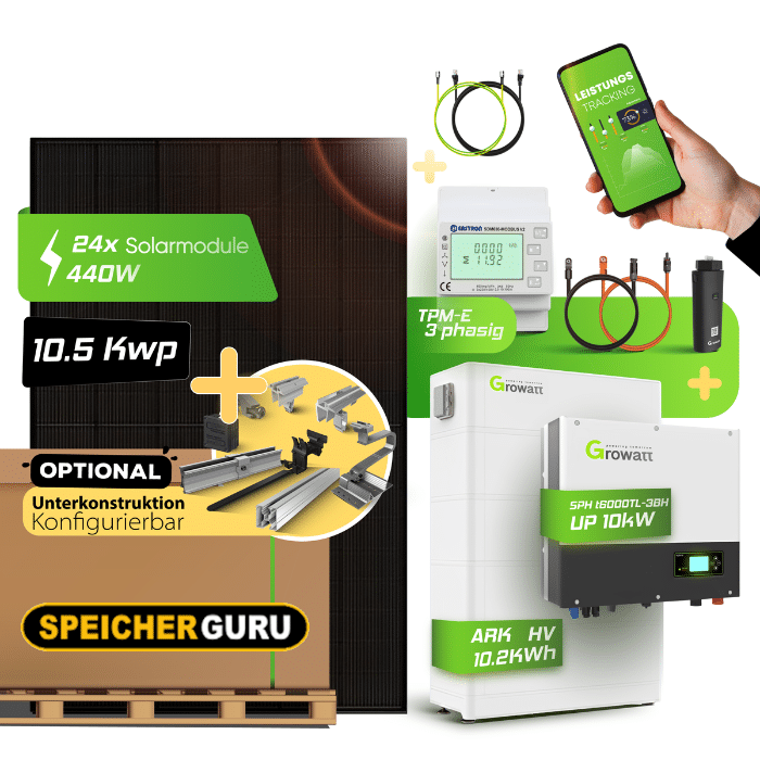 10,56 kWp JA Solar 440W Fullblack & 10 kW Growatt SPH10000TL3-BH-UP Wechselrichter mit 10,2kWh Growatt ARK H Speicher