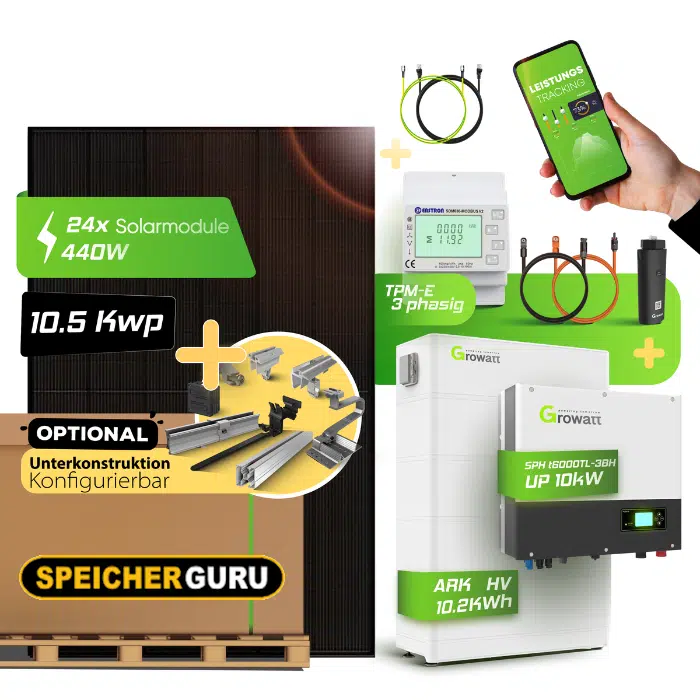 10,56 kWp JA Solar 440W Fullblack & 10 kW Growatt SPH10000TL3-BH-UP Wechselrichter mit 10,2kWh Growatt ARK H Speicher