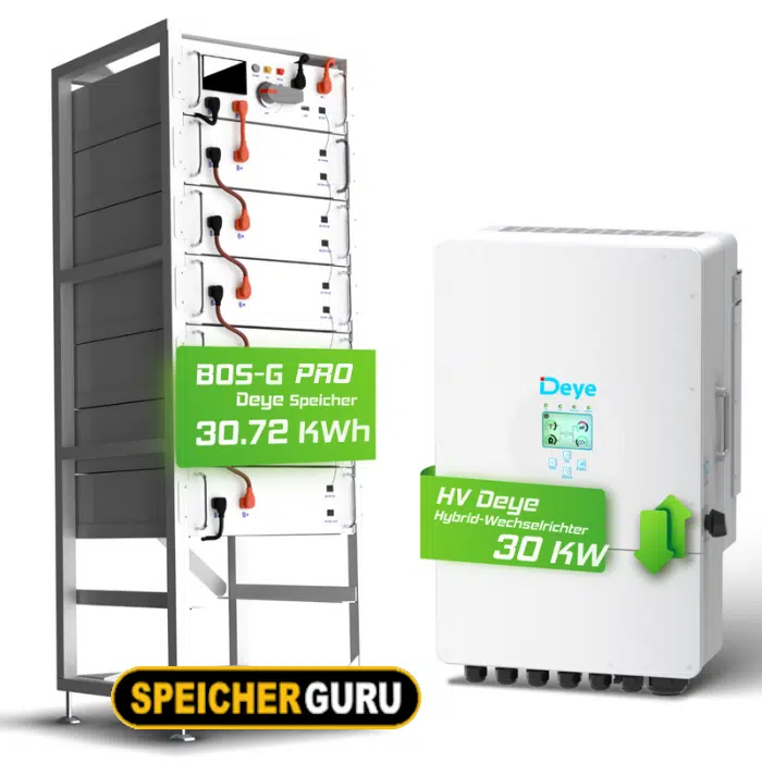 Deye Komplettset 30 kW Hochvolt Hybridwechselrichter (SUN-30K-SG01HP3-EU-BM3) & 30,72 kWh Hochvolt Batteriespeicher Deye BOS-G