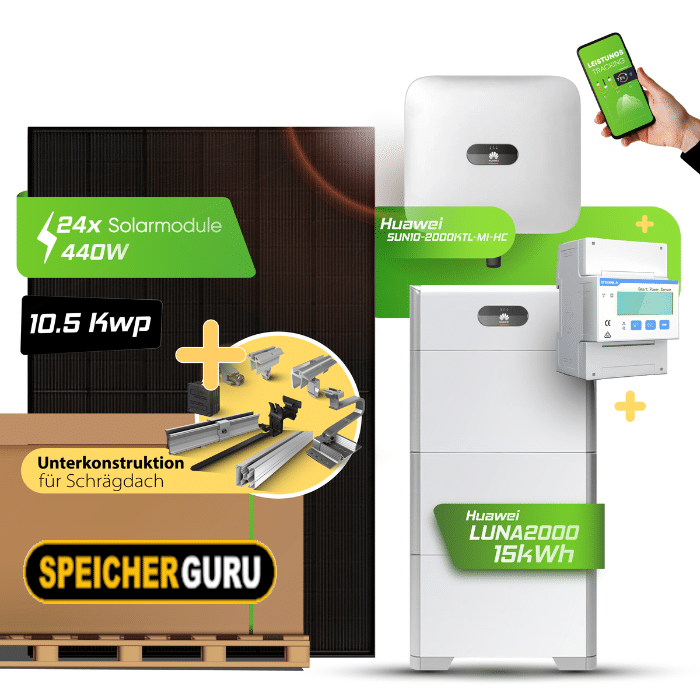 10,56 kWp JA Solar 440W Fullblack & 10 kW Huawei SUN2000-10KTL-M1-HC Wechselrichter mit 15kWh Huawei LUNA2000 Batteriespeicher