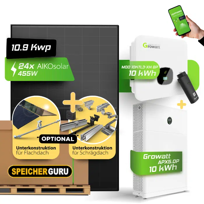 Speicherguru 10920W Komplettset Photovoltaikanlage | Bifacial & Fullblack| 10kW Growatt | 10 kWh Speicher