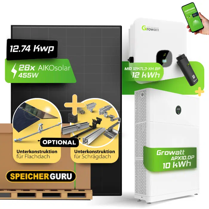Speicherguru 12,74kW Komplettset Photovoltaikanlage | Bifacial & Fullblack| 12kW Growatt | 10 kWh Speicher