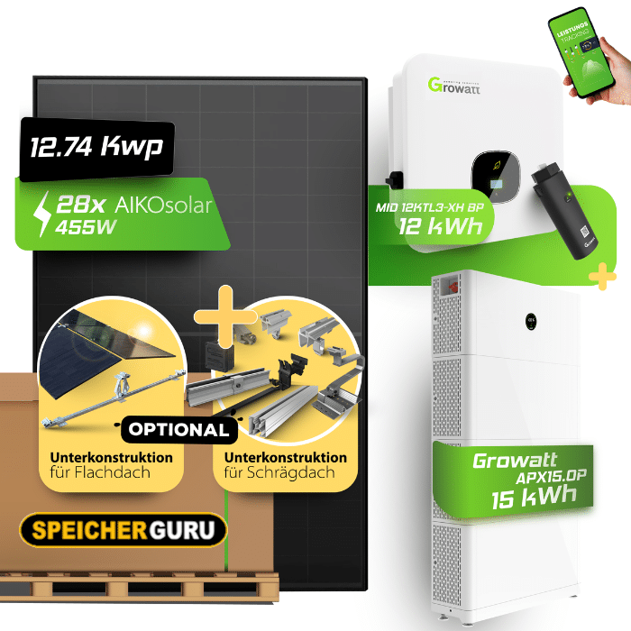 Speicherguru 12,74kW Komplettset Photovoltaikanlage | Bifacial & Fullblack| 12kW Growatt | 15 kWh Speicher