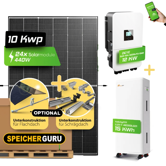 10 kW Deye Solaranlage mit 15kWh Speicher Felicity| Doppelglas & Fullblack | Deye SUN 12K-SG04LP3-EU | Felicity
