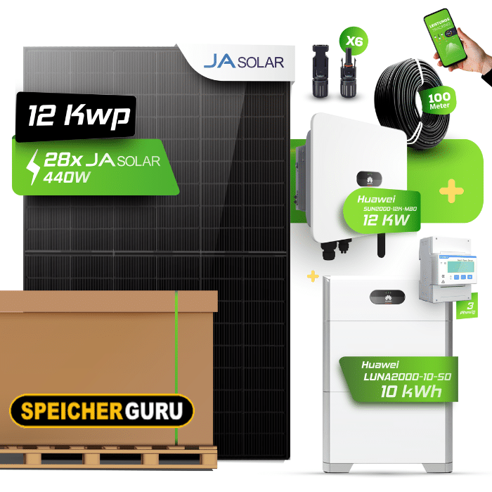 Huawei Photovoltaikanlage 12,32 kW Komplettset – 28x JA Solar 440W Fullblack & SUN2000-12K-MB0 mit Huawei LUNA2000-10-S0 Speicher
