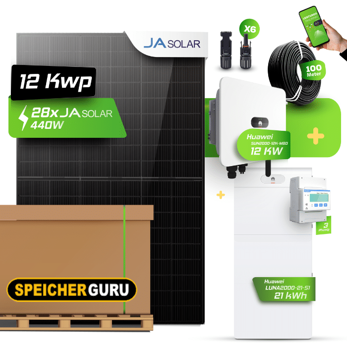 Huawei Photovoltaikanlage 12,32 kW Komplettset – 28x JA Solar 440W Fullblack & SUN2000-12K-MB0 mit Huawei LUNA2000-21-S1 Speicher