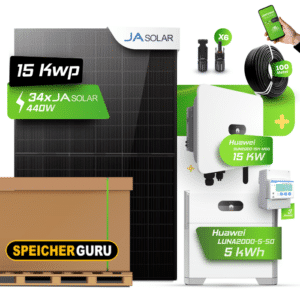 Huawei Photovoltaikanlage 15 kW Komplettset – 34x JA Solar 440W Fullblack & SUN2000-15K-MB0 mit Huawei LUNA2000-5-S0 Speicher