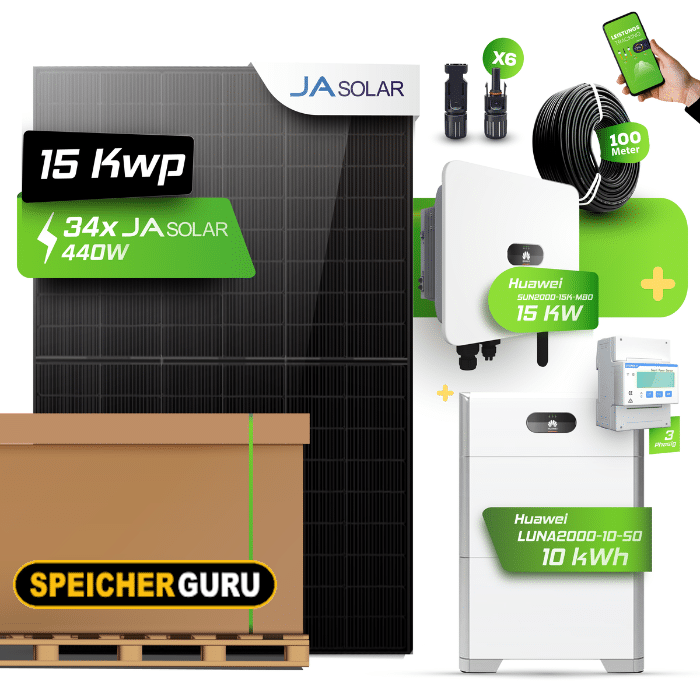 Huawei Photovoltaikanlage 15 kW Komplettset – 34x JA Solar 440W Fullblack & SUN2000-15K-MB0 mit Huawei LUNA2000-10-S0 Speicher