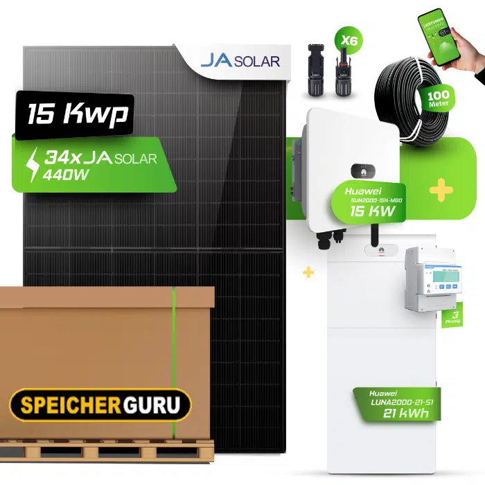 Huawei Photovoltaikanlage 15 kW Komplettset – 34x JA Solar 440W Fullblack & SUN2000-15K-MB0 mit Huawei LUNA2000-21-S1 Speicher