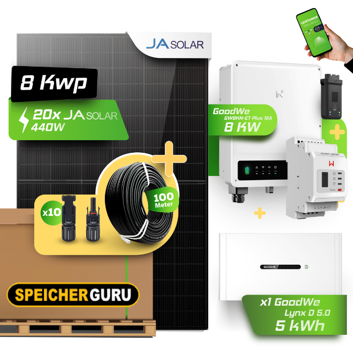 GoodWe Photovoltaikanlage 8,8 kW Komplettset – 20x JA Solar 440W Fullblack & GoodWe GW8KN-ET Plus 16A- 8kW Wechselrichter mit GoodWe Lynx Home D 5.0-10 5kWh HV-Speicher