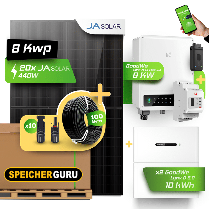 GoodWe Photovoltaikanlage 8,8 kW Komplettset – 20x JA Solar 440W Fullblack & GoodWe GW8KN-ET Plus 16A- 8kW Wechselrichter mit GoodWe Lynx Home D 5.0-10 10kWh HV-Speicher