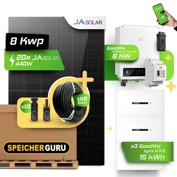GoodWe Photovoltaikanlage 8,8 kW Komplettset – 20x JA Solar 440W Fullblack & GoodWe GW8KN-ET Plus 16A- 8kW Wechselrichter mit GoodWe Lynx Home D 5.0-10 15kWh HV-Speicher