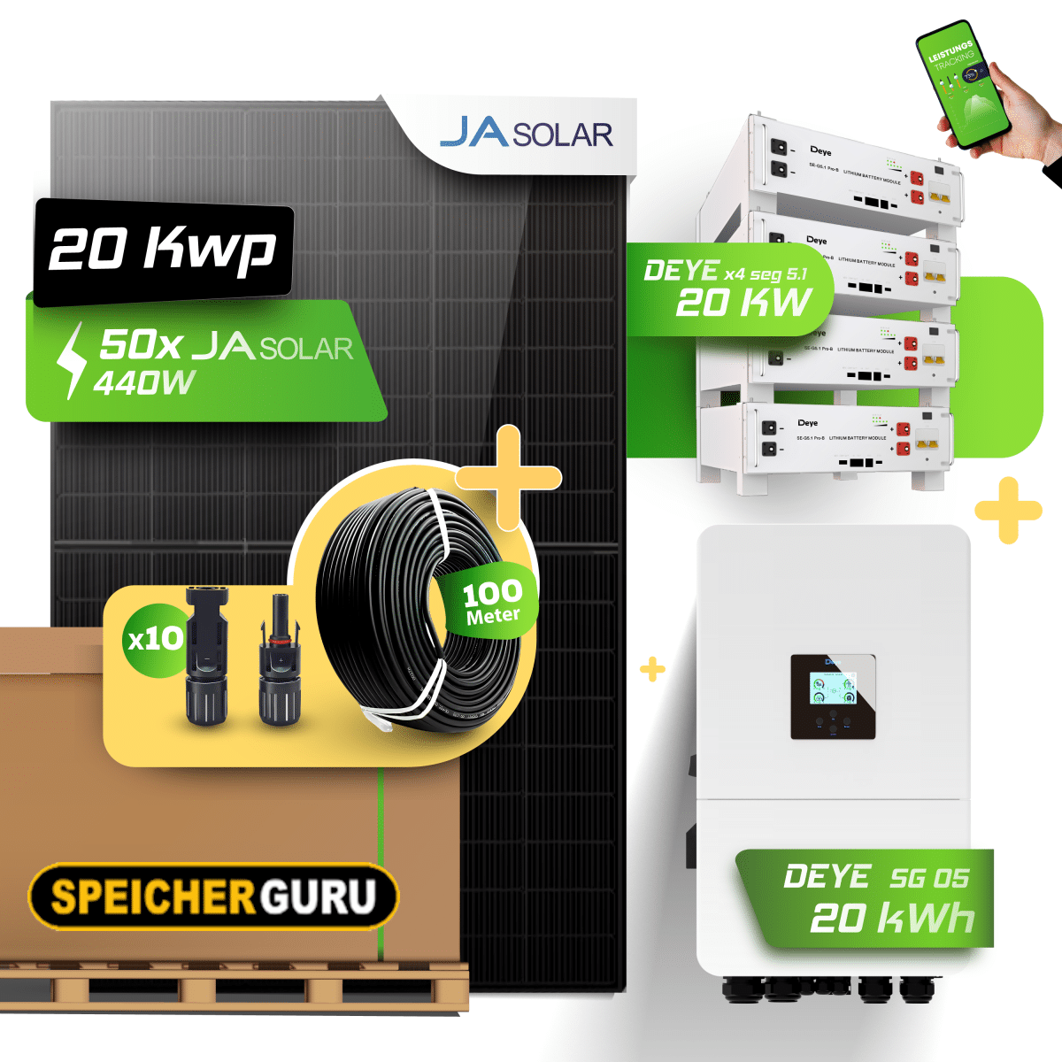 Speicherguru 22 kWp Solaranlage | 50x JA Solar 440W All Black | Deye SUN 20K Hybrid-Wechselrichter | 4x Deye SG 5.1 Speicher