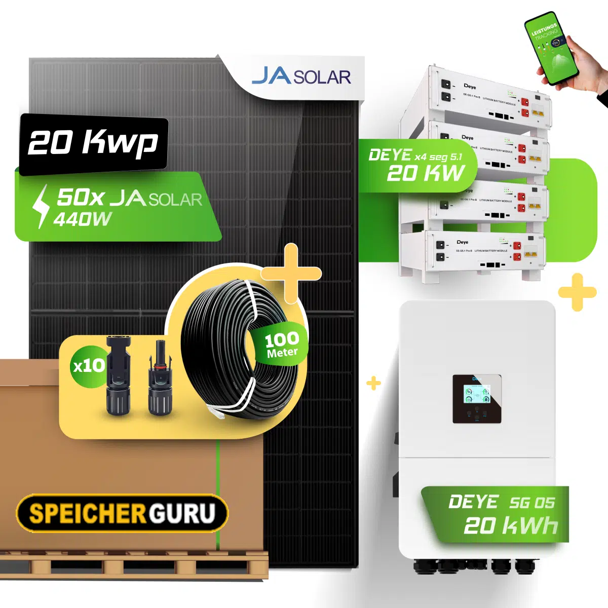 Speicherguru 22 kWp Solaranlage | 50x JA Solar 440W All Black | Deye SUN 20K Hybrid-Wechselrichter | 4x Deye SG 5.1 Speicher