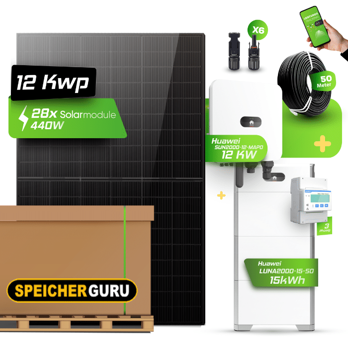 Huawei Photovoltaikanlage 12,32 kW Komplettset – 28x JA Solar 440W Fullblack & SUN2000-12K-MAP0 mit Huawei LUNA2000-15-S0 Speicher
