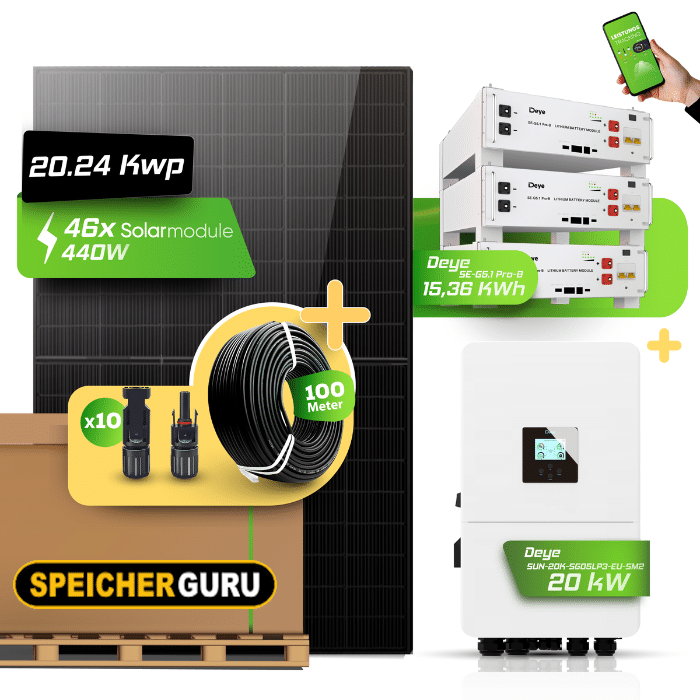 Deye Photovoltaikanlage 20,24 kW Komplettset – 46x JA Solar 440W Fullblack & Deye SUN-20K-SG05LP3-EU-SM2 mit 15,36 kWh Deye SE-G5.1 Pro-B