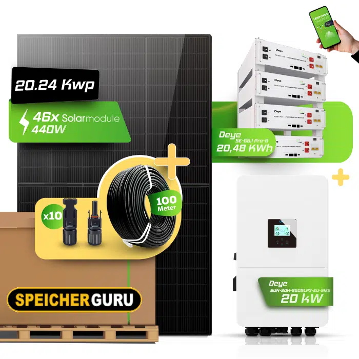 Deye Photovoltaikanlage 20,24 kW Komplettset – 46x JA Solar 440W Fullblack & Deye SUN-20K-SG05LP3-EU-SM2 mit 20,48 kWh Deye SE-G5.1 Pro-B
