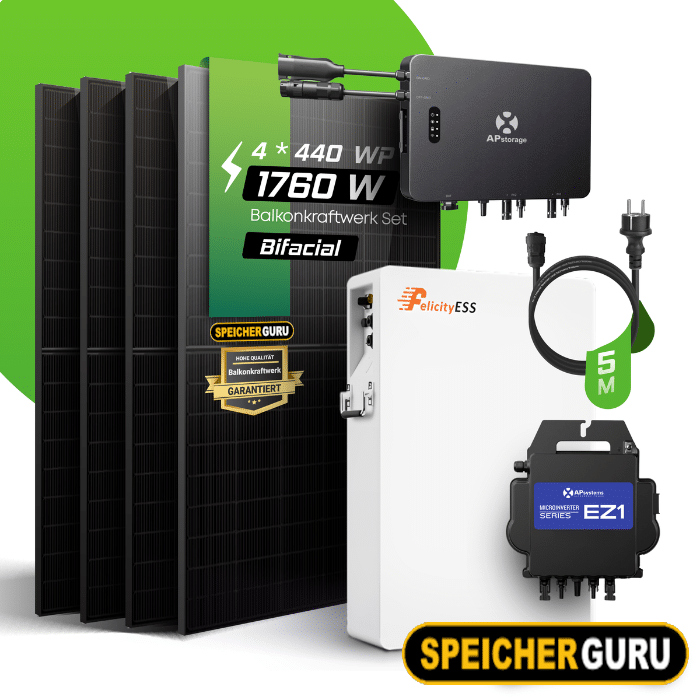 1600W Balkonkraftwerk Set (1760Wp) - Ja Solar 440W - APsystems EZHI mit Felicity LUX-E-48100LG04 5,12 kWh