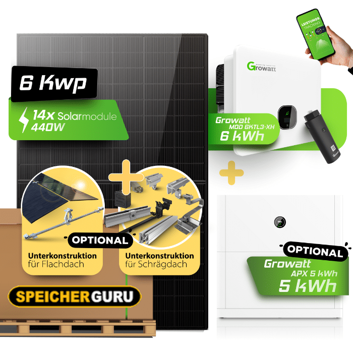 6 kWp PV-Komplettanlage mit Growatt Hybrid 6KW & APX Hochvolt-Speicher | Bifazial Fullblack Solarmodule