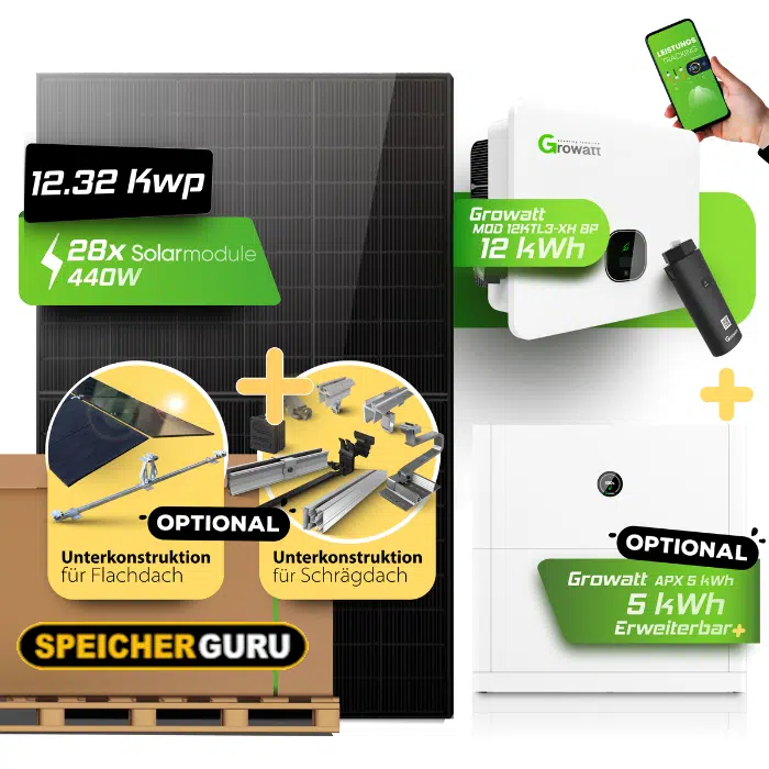 12 kWp PV-Komplettanlage mit Growatt Hybrid & APX Hochvolt-Speicher (Optional) | Bifazial Fullblack Solarmodule