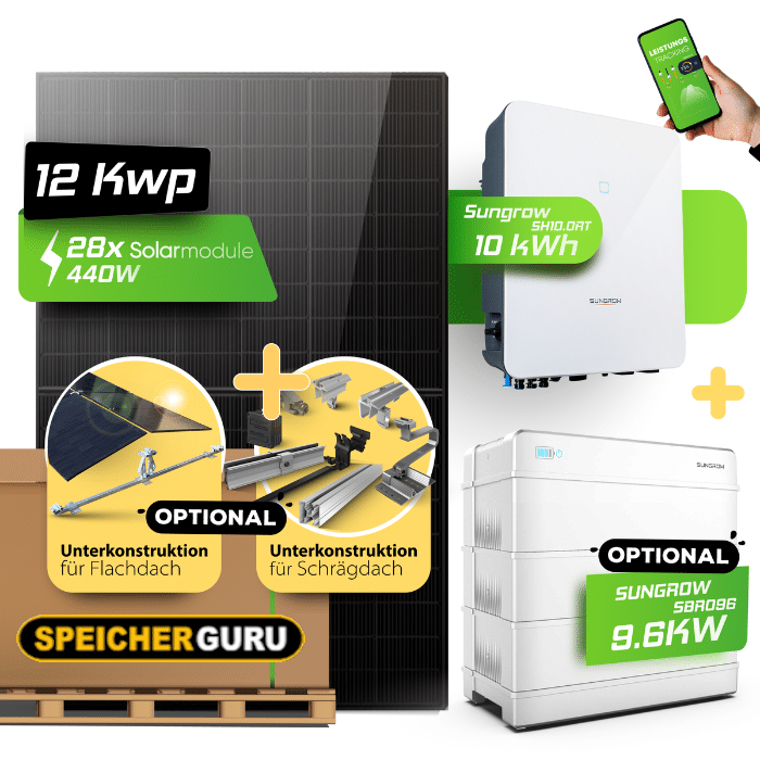 12 kW Solaranlage mit Speicher (Optional) | Doppelglasl & Fullblack | 10kW Sungrow | 9,6 kWh Speicher (Optional)