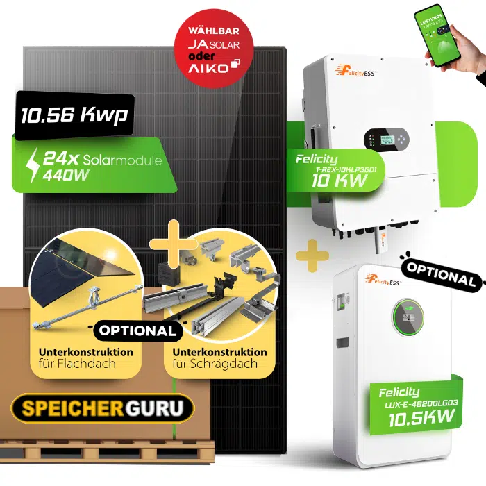 PV-Komplettset 10 kWp mit Felicity 10kW T-REX-10KLP3G01 und JA Solar oder Aiko Neostar Modulen – Optional mit Speicher