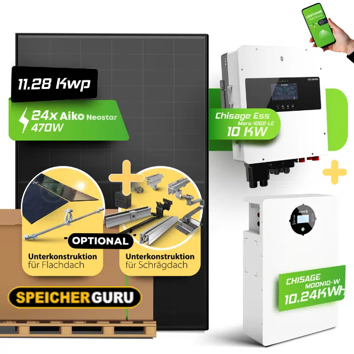 11,28 kWp Aiko Neostar 3S+54 470W & 10 kW Chisage Ess Mars-10G2-LE Hybridwechselrichter mit 10 kWh Chisage Ess MOON10-W Speicher