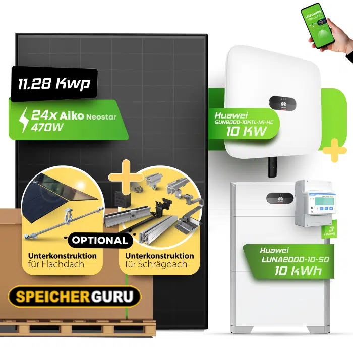 11,28 kW Huawei Solaranlage mit Speicher | AIKO 470W A-MCE54Db Neostar 3S+54 | 10kW Wechselrichter Huawei