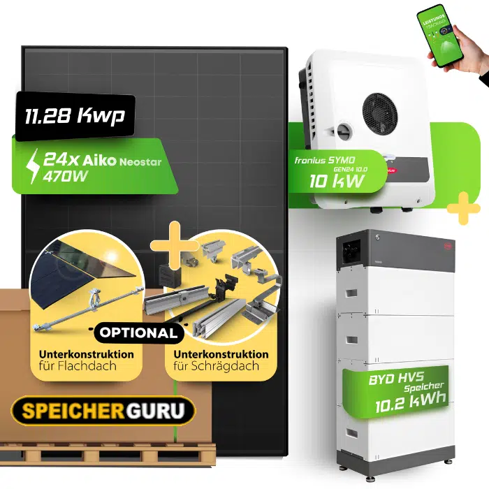 PV-Komplettset 11,28 kWp mit Fronius Symo GEN24 10.0 Plus, AIKO 470W Neostar 3S+54 Modulen und BYD HVS 10,24 kWh Speicher