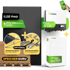 Speicherguru 11,28 kWp Komplettset Photovoltaikanlage | AIKO 470W A-MCE54Db Neostar 3S+54 | 10 kWh Growatt ARK H
