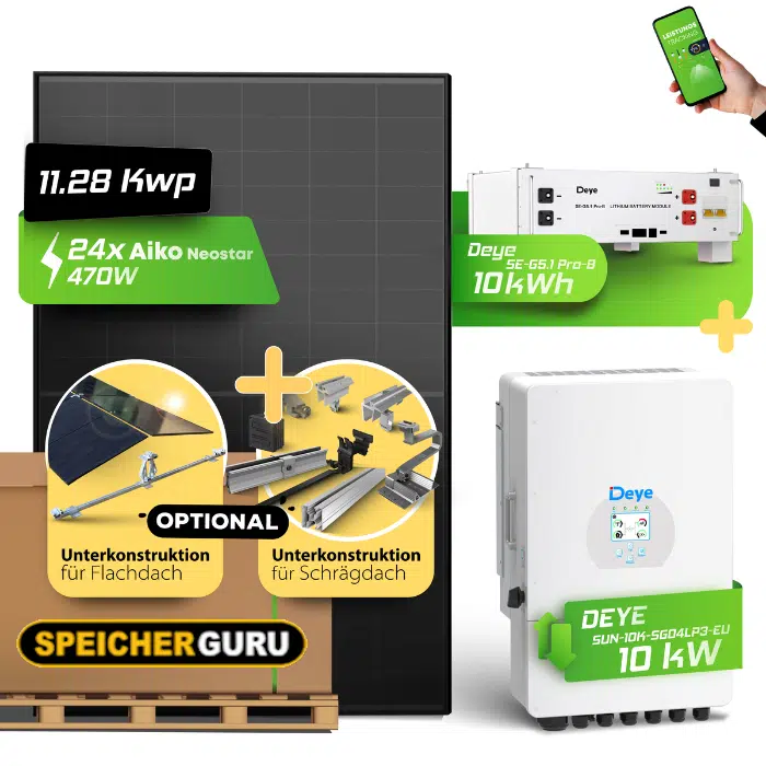 Speicherguru 11,28 kWp Photovoltaik-Komplettset mit Aiko 470W Modulen, 10 kW Deye Wechselrichter & 10 kWh Speicher