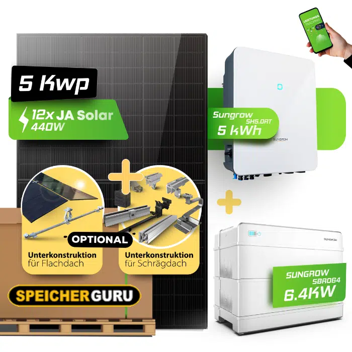 5 kW Solaranlage mit Speicher | Doppelglasl & Fullblack | 5kW Sungrow | 6,4 kWh Sungrow Speicher