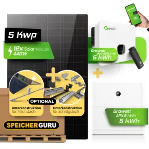5 kWp PV-Komplettanlage mit Growatt MOD 5000TL3-XH, APX 5 kWh Speicher & JA Solar 440W Fullblack Bifazial-Modulen
