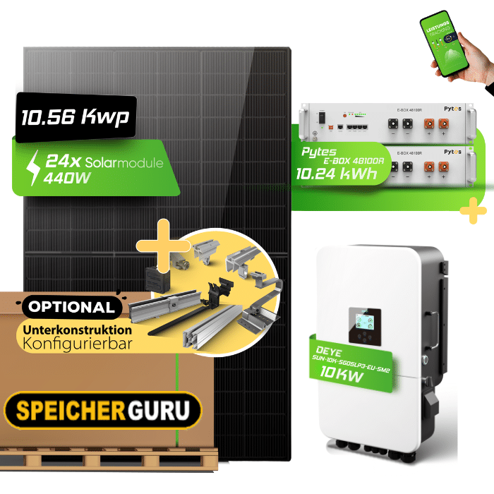 10,56 kWp JA Solar 440W & Deye SUN-10K-SG05LP3-EU-SM2 Hybridwechselrichter mit Pytes E-BOX-48100R 10,24 kWh Speicher