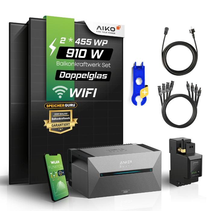 910W Balkonkraftwerk Set - Aiko Solarmodule mit Anker SOLIX Solarbank 2 Pro + Smartmeter